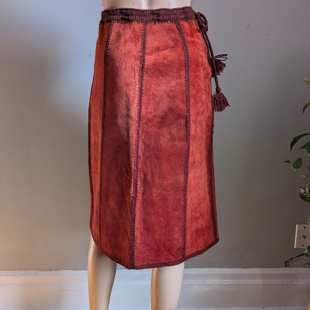Vintage Red Suede Midi Skirt Chunky Knit Boho Dark Academia Size 0 - Picture 3 of 10